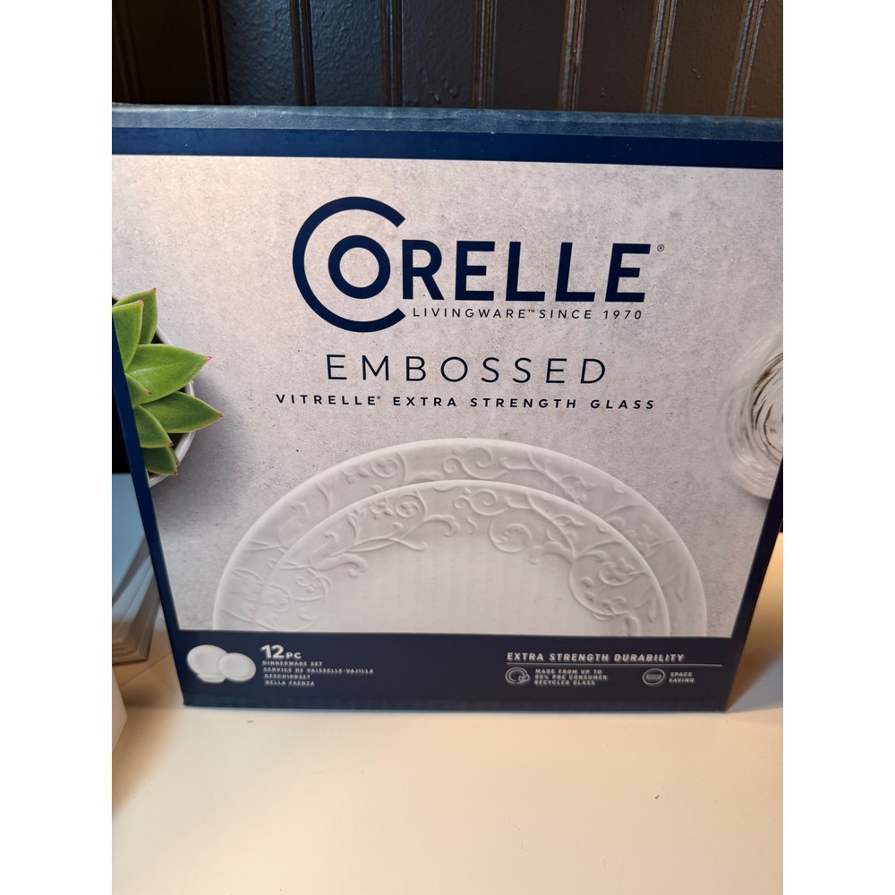 Corelle Embossed Bella Faenza 12pc Dinnerware Set Vitrelle White Glass New